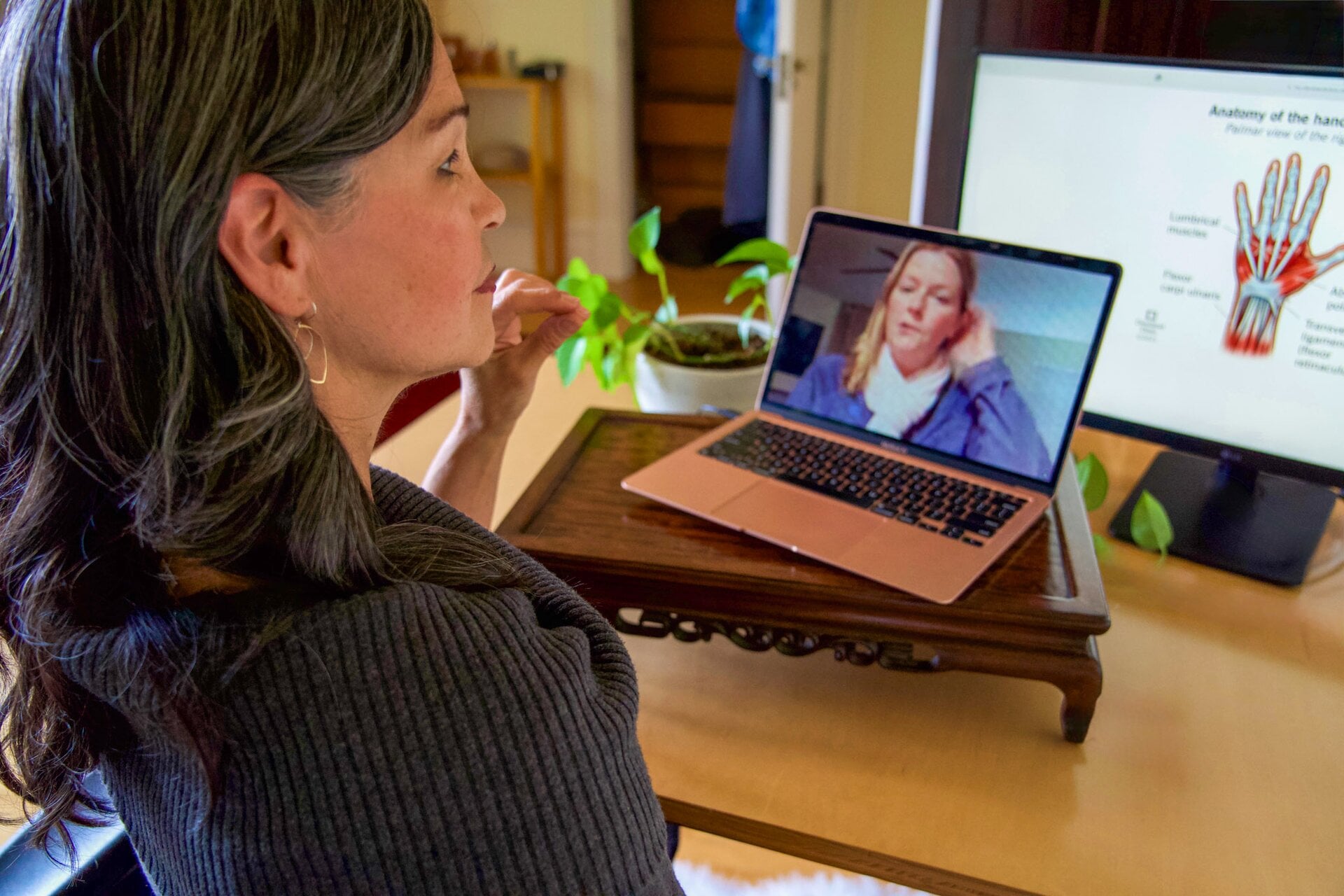 Molly Allison consulting with a patient using an anatomical diagram