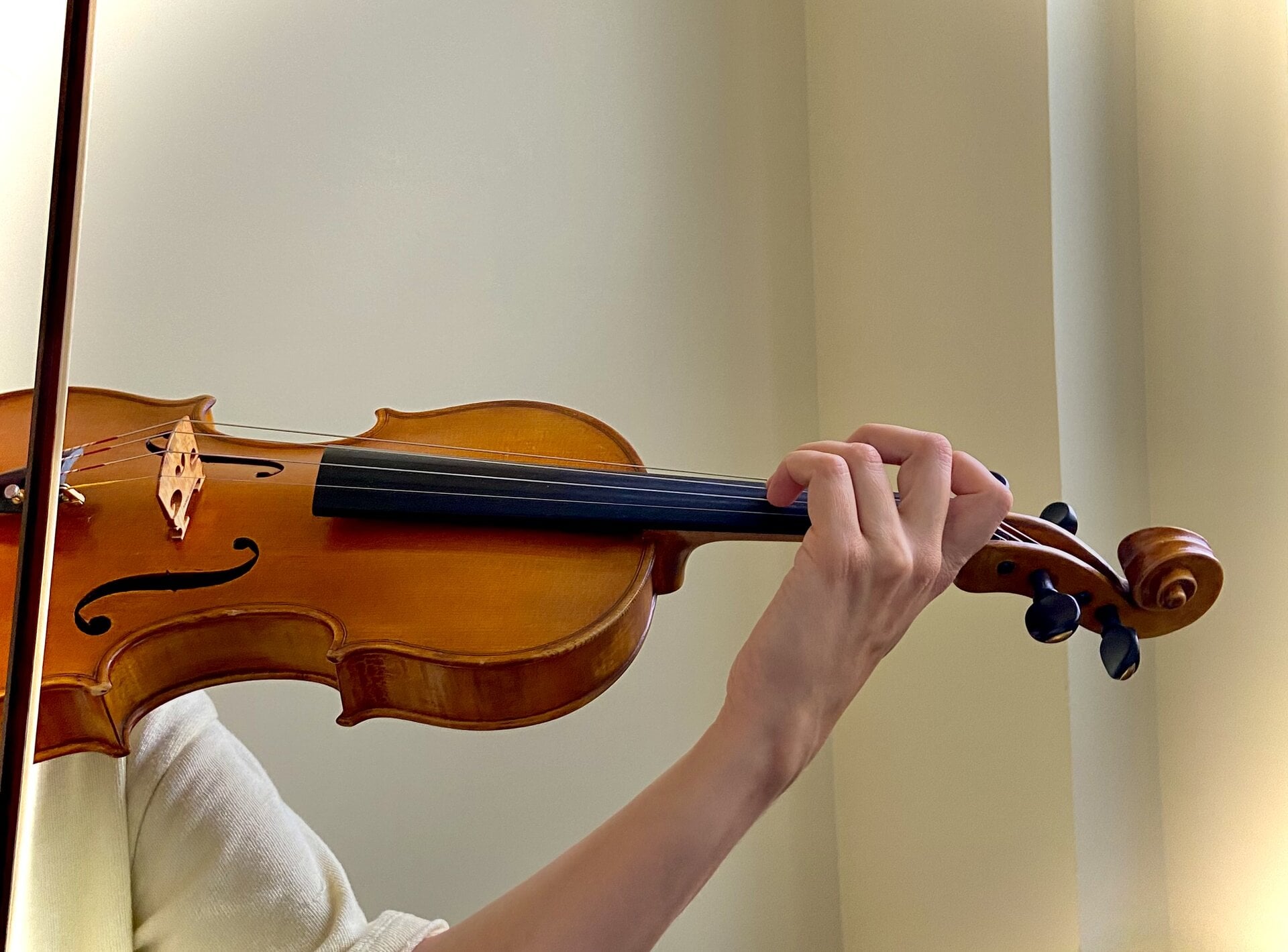 Close-up of a violinist’s hand on the fingerboard